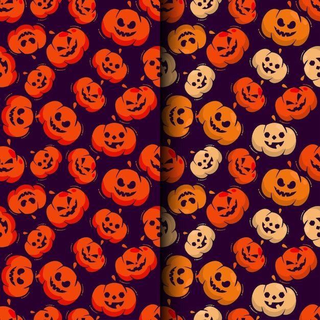 Colección de patrones de Halloween con calabazas de Halloween en diferentes colores sobre fondo oscuro
