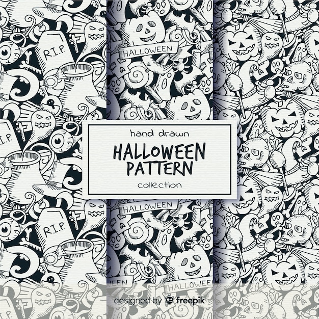 Colección de patrones de halloween pintadas a mano en blanco y negro