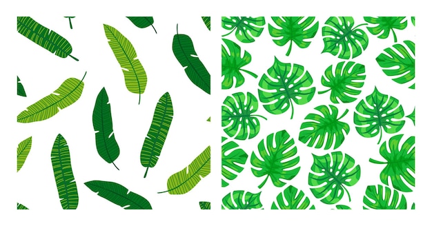 Colección de patrones de hojas tropicales. conjunto de palmera tropical deja patrones sin fisuras. paquete de fondos tropicales exóticos con follaje de palmeras. ilustración de vector para impresión, textil, embalaje.