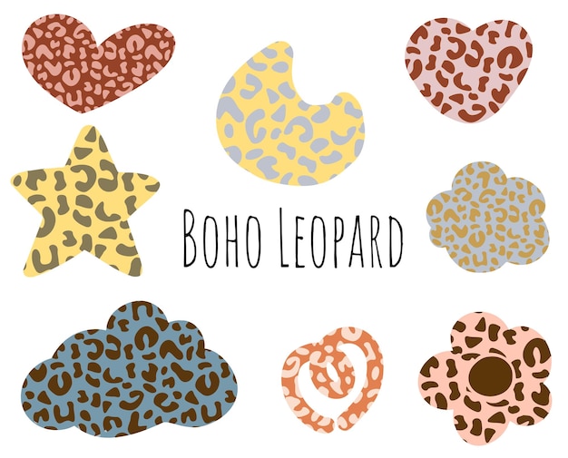 Colección de patrones de leopardo con forma de cosas lindas boho
