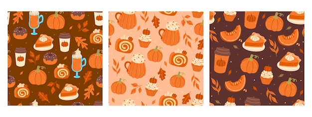 Colección de patrones de otoño sin costuras con bebidas de calabaza y comida Imagen vectorial