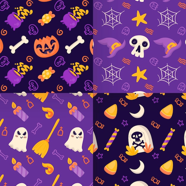 Vector colección de patrones planos de halloween dibujados a mano