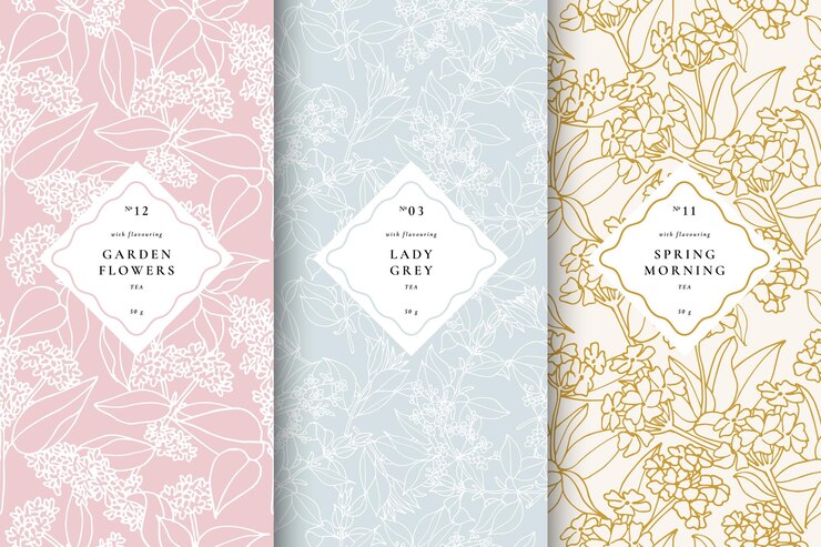 Una colección de patrones vectoriales sin costuras con intrincados diseños florales perfectos para el té