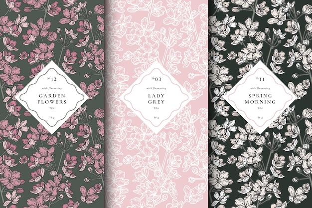 Una colección de patrones vectoriales sin costuras con intrincados diseños florales perfectos para el té