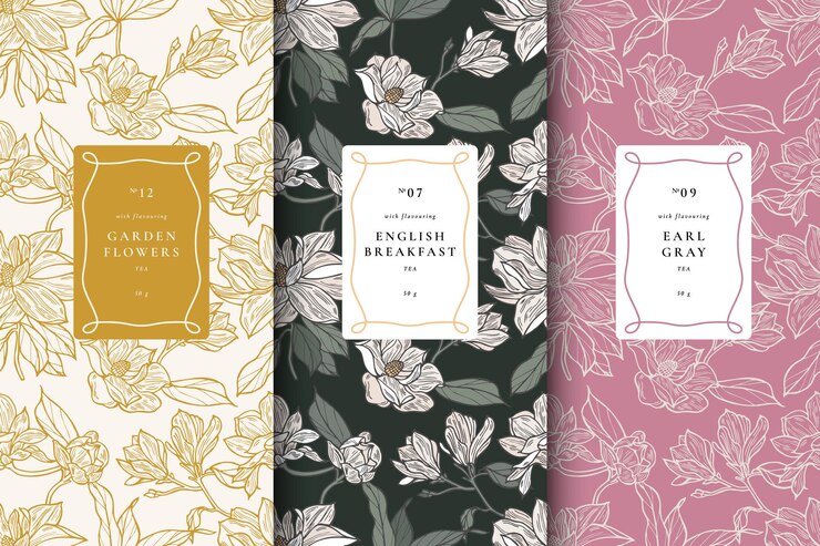 Una colección de patrones vectoriales sin costuras con intrincados diseños florales perfectos para el té
