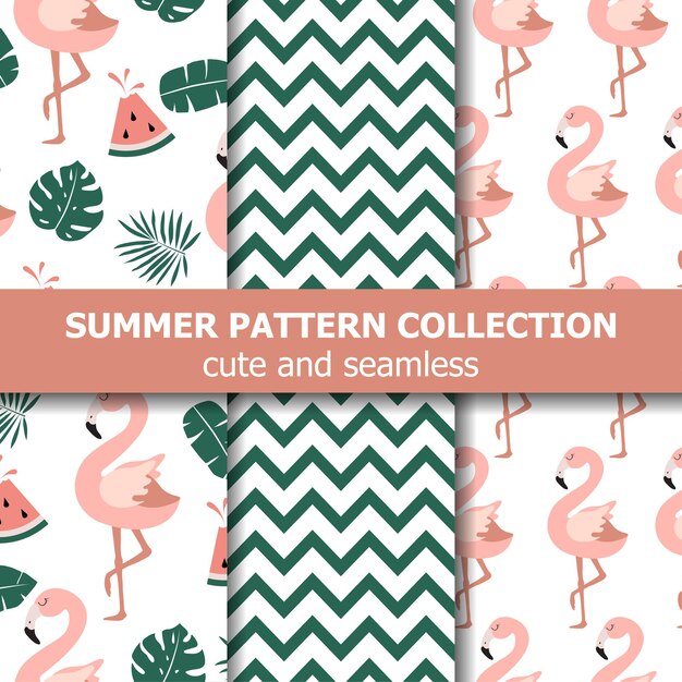 Colección de patrones de verano. Tema de flamenco y sandía, banner de verano. Vector