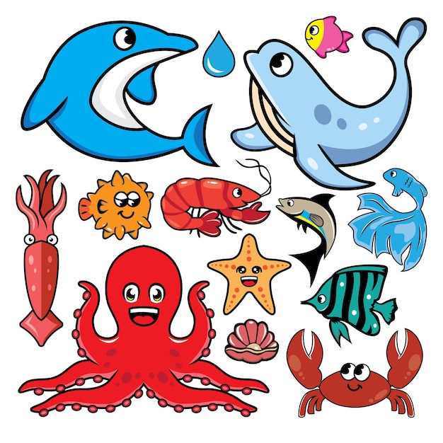 Una colección de peces y animales marinos.