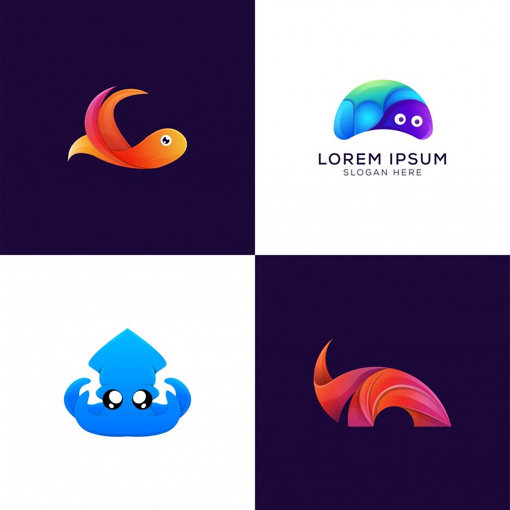 Colección de peces de colores. Tortuga. pulpo. logotipo moderno de rinoceronte