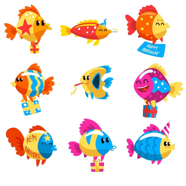 Colección de peces divertidos lindos coloridos criaturas marinas personajes elementos de diseño de tema marino se puede utilizar para niños fiesta invitación tarjeta de felicitación vector ilustración aislada sobre un fondo blanco