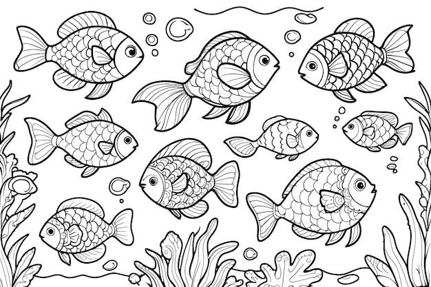 Colección de peces doodle blancos y negros
