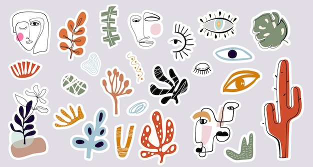 Colección de pegatinas abstractas dibujadas a mano formas de doodle con diferentes elementos de diseño moderno