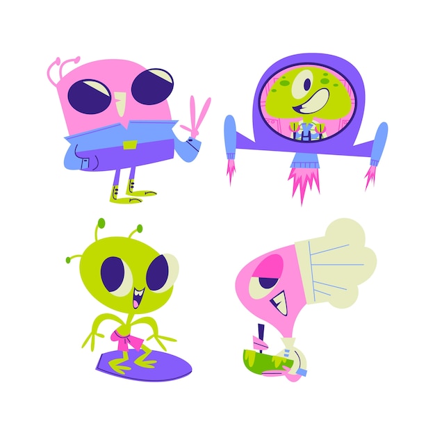 Vector colección de pegatinas alienígenas de dibujos animados retro