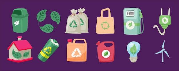 Vector colección de pegatinas ambientales con las palabras ecología de residuos cero salvar el planeta reciclaje ecológico sin plástico un conjunto de elementos de diseño decorativo ilustración vectorial