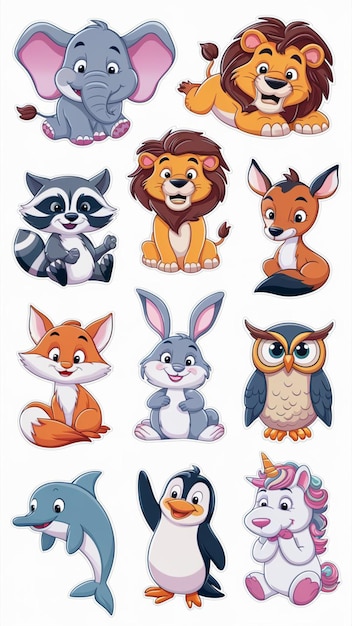 una colección de pegatinas de animales de dibujos animados