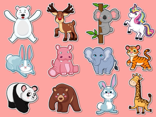 Colección de pegatinas de animales lindos de carácter. Estilo plano de dibujos animados de animales. Plantilla de diseño de ilustración vectorial. Animales de granja, animales salvajes, animales acuáticos.