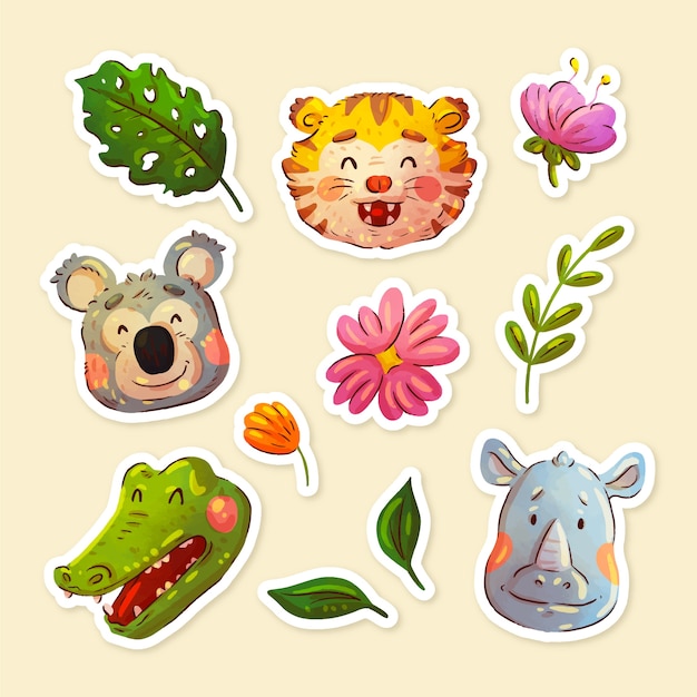 Colección de pegatinas de animales de safari con acuarela