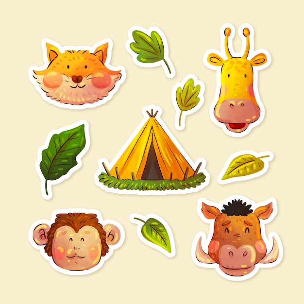 Colección de pegatinas de animales de safari con acuarela