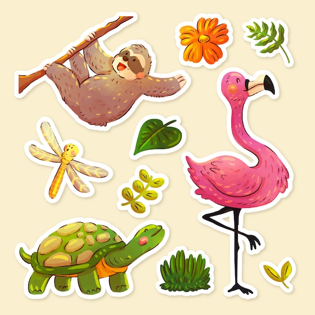Colección de pegatinas de animales de safari con acuarela