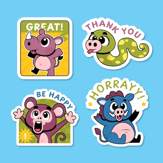 Colección de pegatinas de animales de safari dibujados a mano