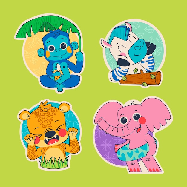 Colección de pegatinas de animales de safari dibujados a mano