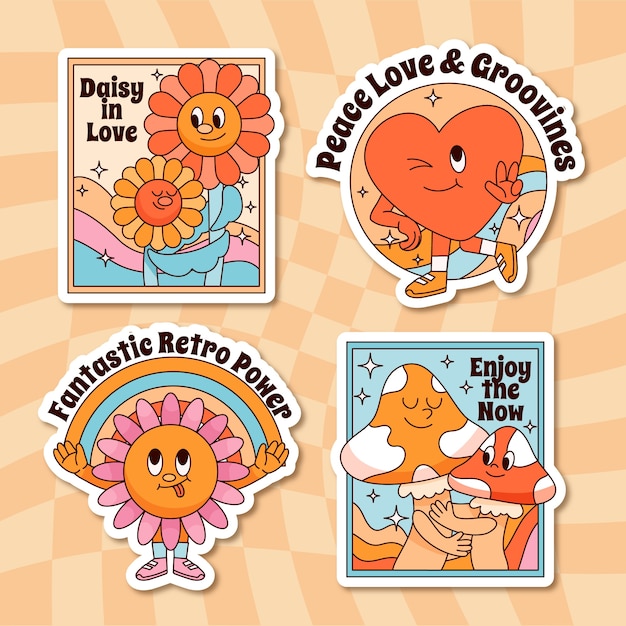 Colección de pegatinas de los años 70 dibujadas a mano