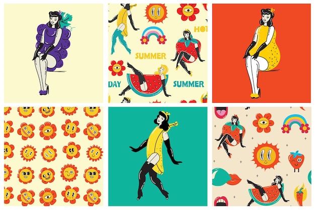 Colección de pegatinas de arte pop vintage multicolor elementos de diseño decorativo ilustración vectorial Conjunto de chicas de estilo maravilloso plátano fresa sol gafas de sol arco iris flores