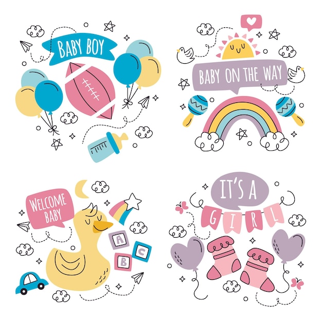 Vector colección de pegatinas de baby shower doodle dibujados a mano