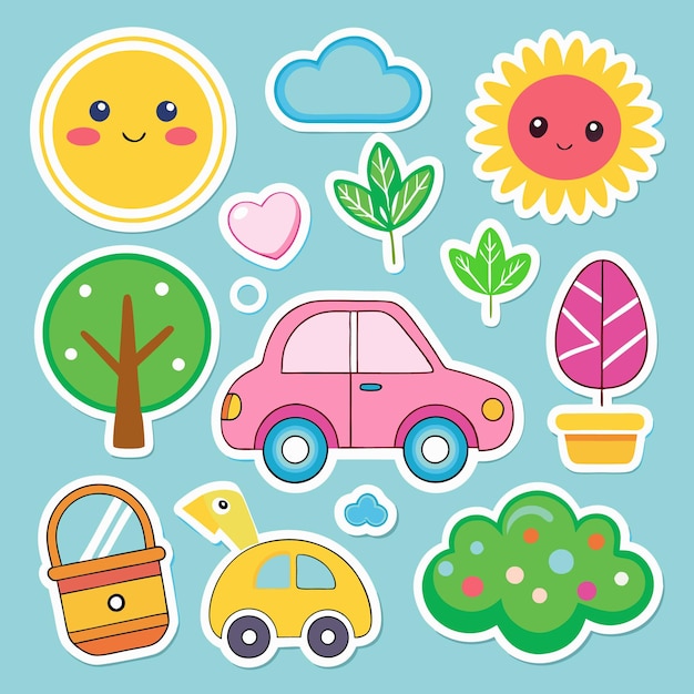 Una colección de pegatinas bonitas con coches árboles flores y un sol Las pegatinas están en estilo de dibujos animados y son perfectas para agregar un toque de diversión a cualquier proyecto