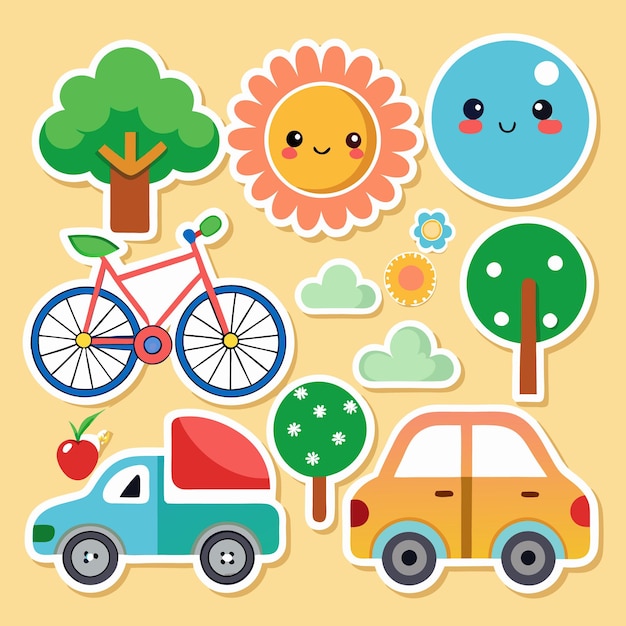 Una colección de pegatinas bonitas con un sol una nube una bicicleta árboles coches y una flor
