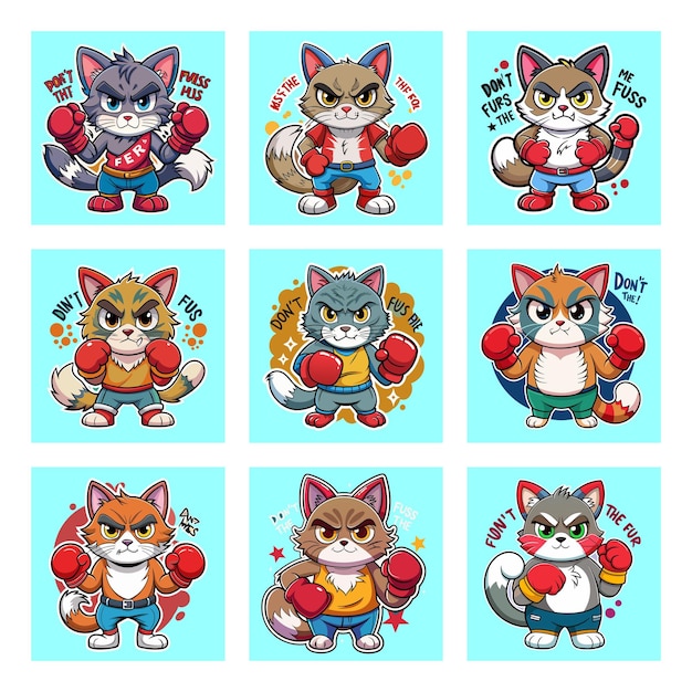 Vector colección de pegatinas de boxeo de gatos adorables para camisetas del club de lucha felina