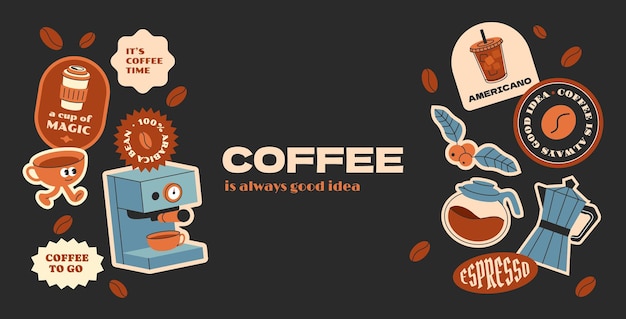 Colección de pegatinas de café Hipster Groovy elementos de café pegatinas etiquetas etiquetas Y2K órgano vintage