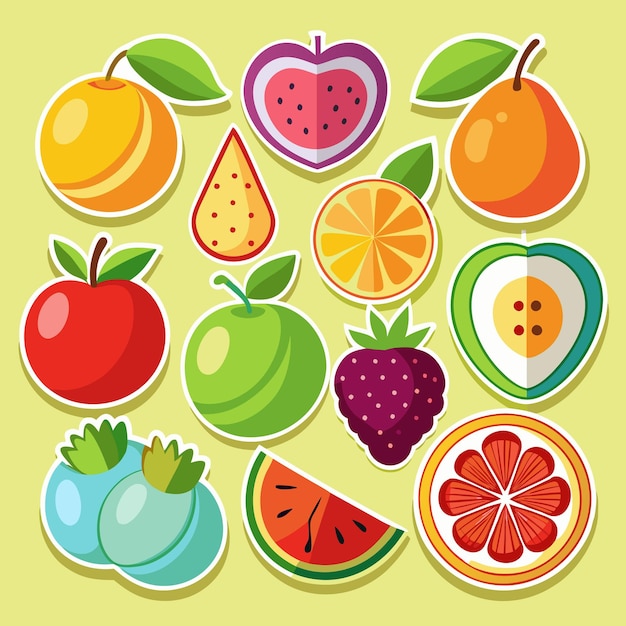 Una colección de pegatinas coloridas de diferentes frutas con contornos blancos