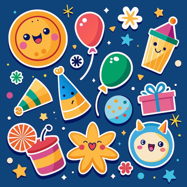 Una colección de pegatinas coloridas con elementos festivos de la fiesta como globos, sombreros de fiesta, estrellas y un regalo