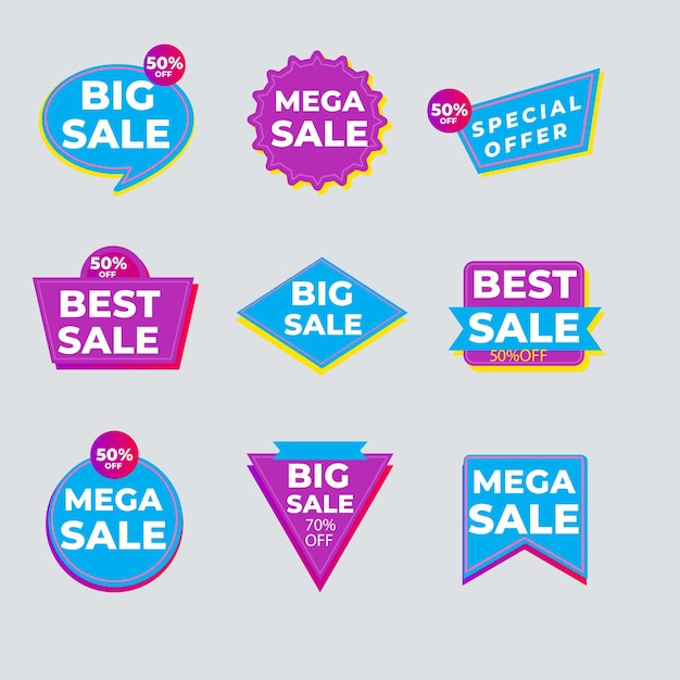 una colección de pegatinas coloridas con las palabras "gran venta" en ellas