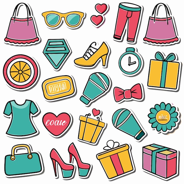 Colección de pegatinas coloridas con varios objetos como regalos flores ropa zapatos y accesorios