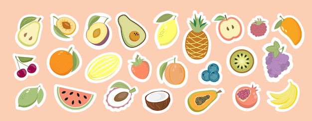 Colección de pegatinas Conjunto de diferentes frutas y bayas vitaminas orgánicas y alimentos saludables