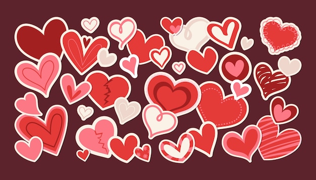 Colección de pegatinas de corazones rojos dibujados a mano