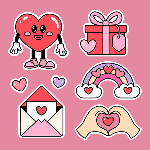 una colección de pegatinas con corazones y una tarjeta con un corazón en ella