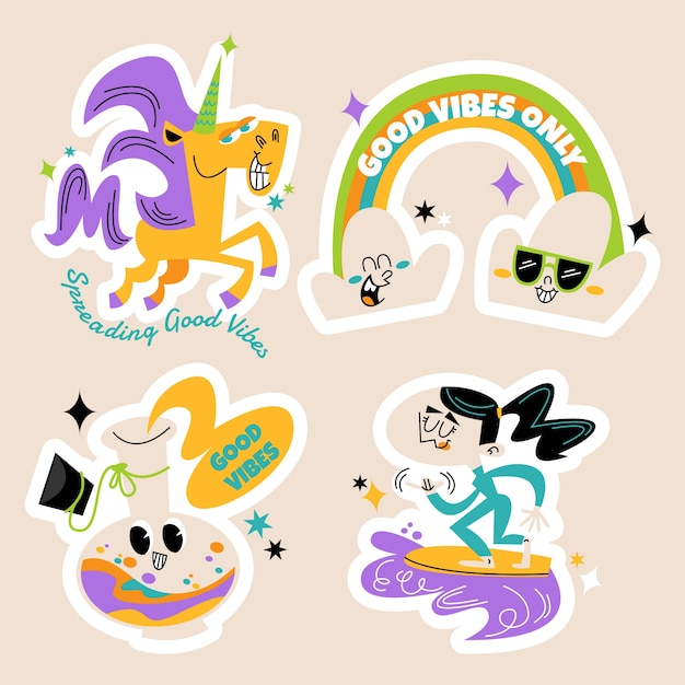 Colección de pegatinas de dibujos animados de buenas vibraciones