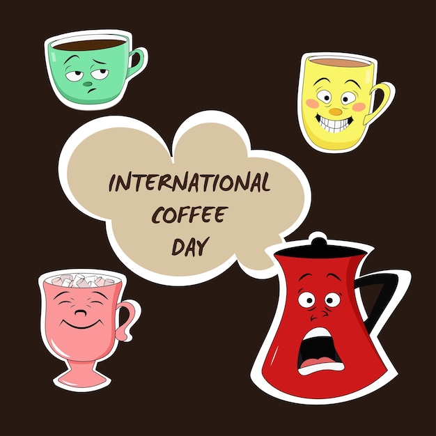 Colección de pegatinas de dibujos animados del día internacional del café. Lindas tazas con café y una cafetera.