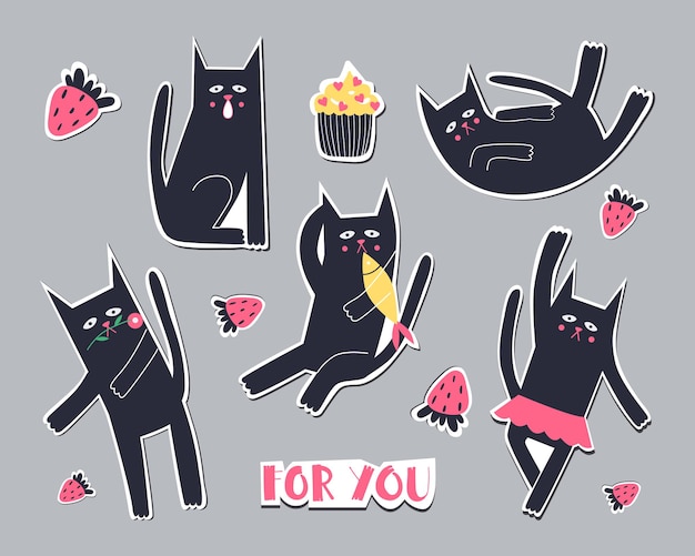 colección de pegatinas de dibujos animados con gatos día de san valentín