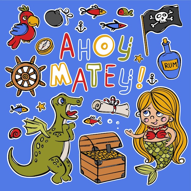 Colección de pegatinas de dibujos animados piratas marinos sirena y dino