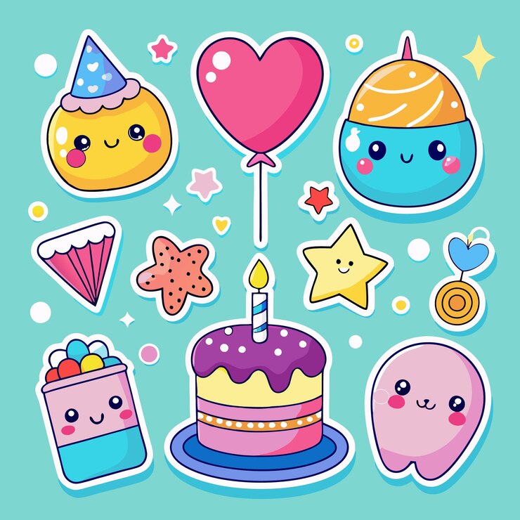 Vector colección de pegatinas de dibujos animados con tema de cumpleaños