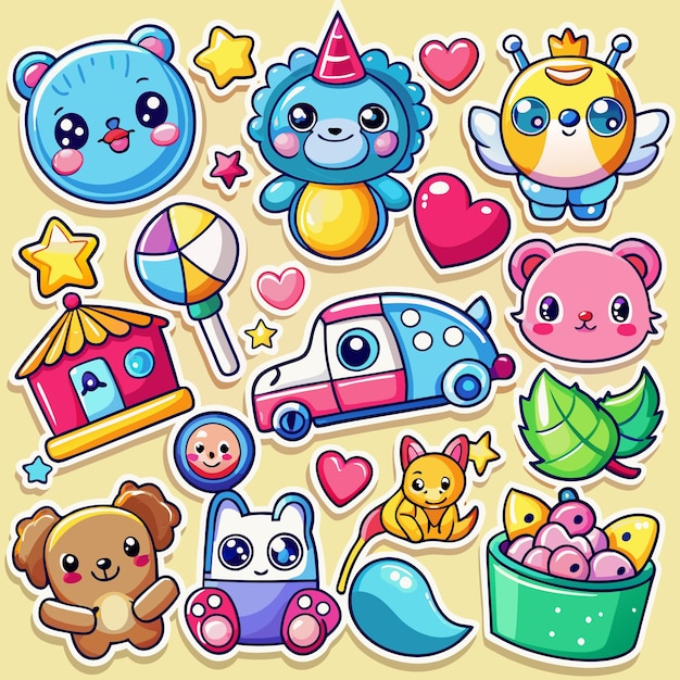 Una colección de pegatinas de dibujos animados con varios animales, objetos y corazones sobre un fondo amarillo