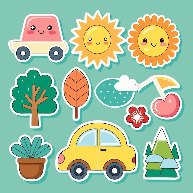 Una colección de pegatinas de dibujos animados con varios vehículos de la naturaleza y diseños en forma de corazón