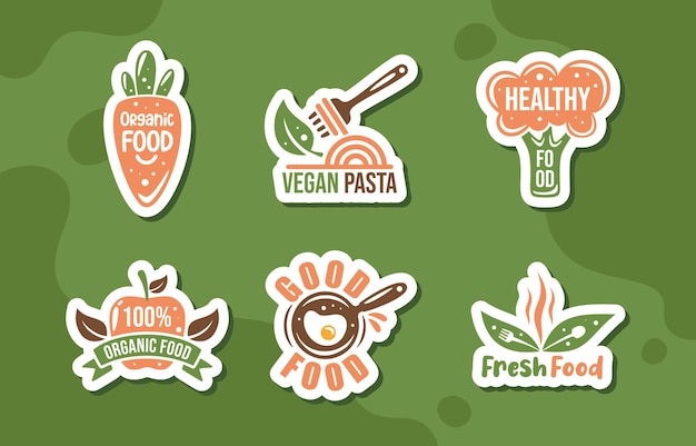 una colección de pegatinas con diferentes alimentos como vegano y vegano