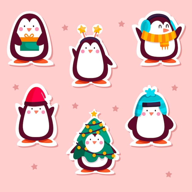 Colección de pegatinas divertidas dibujadas con pingüinos