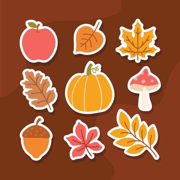 Colección de pegatinas de Doodle planas de flores y frutas de otoño