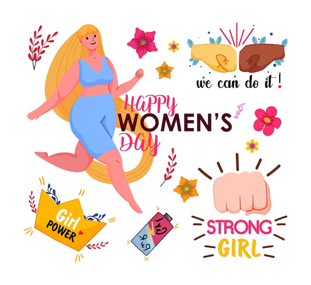 Colección de pegatinas e ilustraciones del feminismo y la independencia de las mujeres Ilustraciones planas sobre fondo blanco