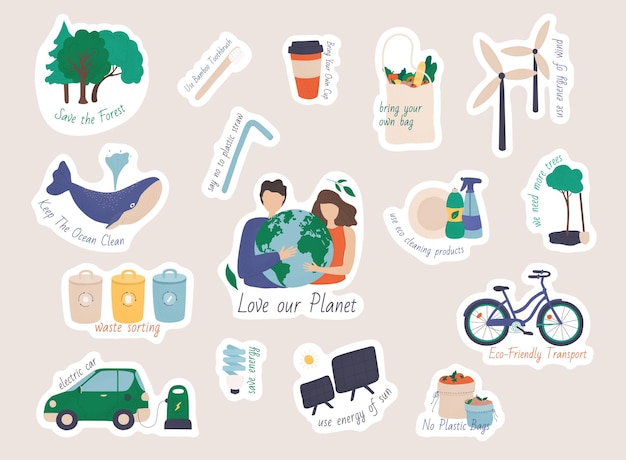 Colección de pegatinas ecológicas con lemas Colección de artículos o productos reutilizables con cero residuos frascos de vidrio bolsas de supermercado ecológicas taza térmica recipiente para alimentos barras de jabón y champú